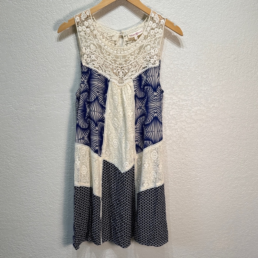 Altar'd State Women Small Blue Cream Lace Patterned Sleeveless‎ Lined Dress